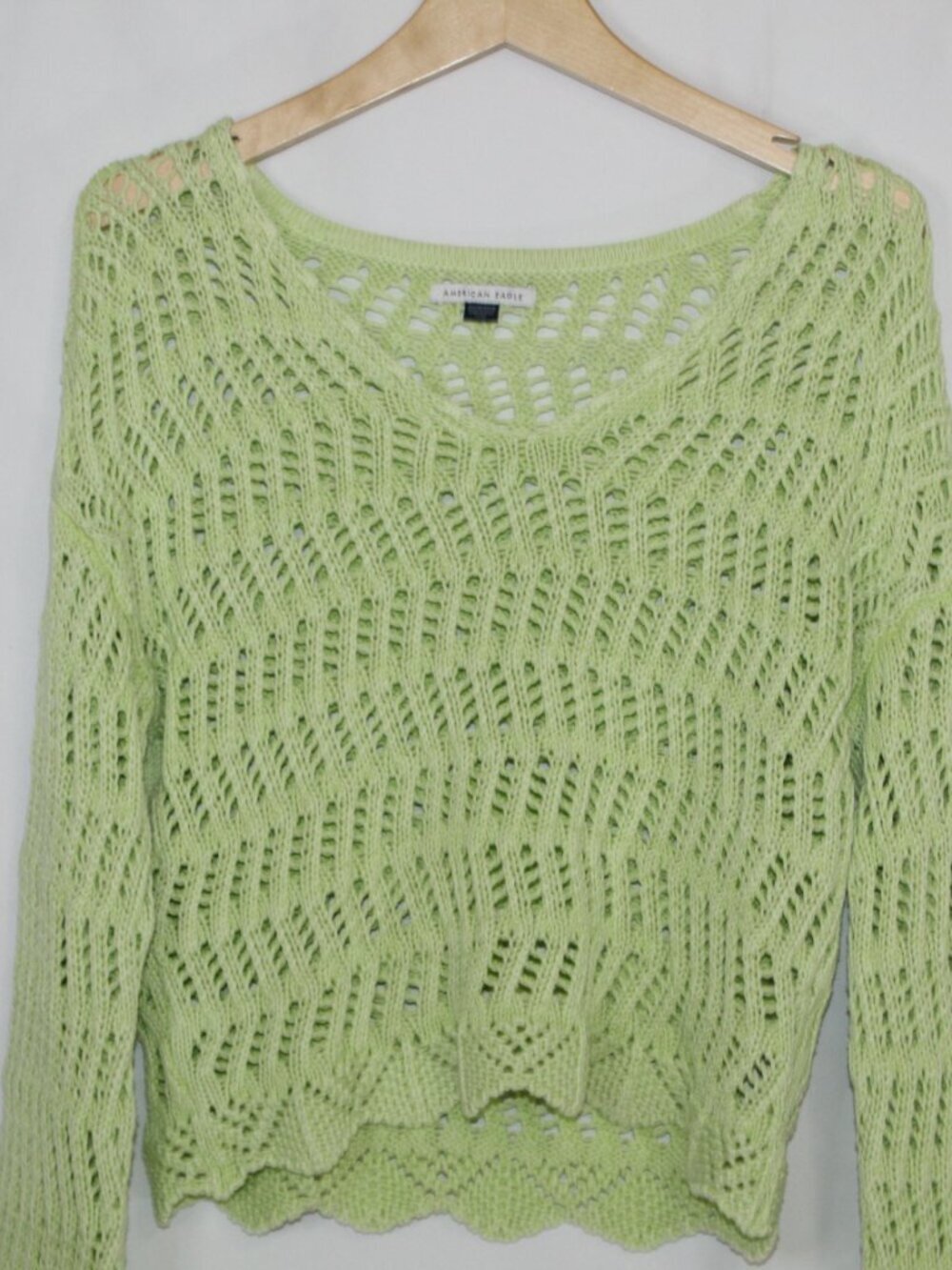 American Eagle light green crochet sweater bell sleeve beach surf pullover vneck - Picture 6 of 15